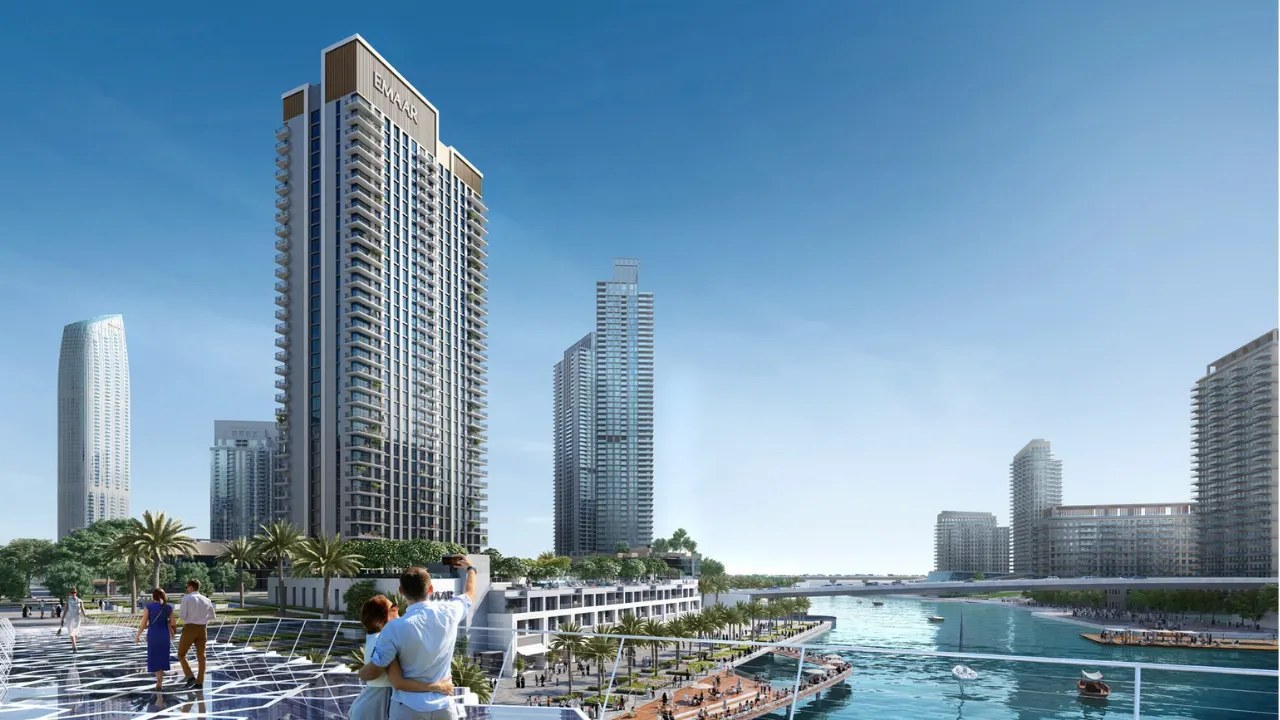 Palace Residences North at Dubai Creek Harbour by Emaar Properties residential tower overlooking the marina and waterfront promenade in Dubai Presented by Tohid Fetrat
