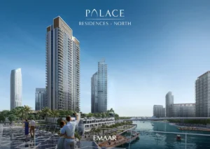 Palace Residences North at Dubai Creek Harbour by Emaar Properties residential tower overlooking the waterfront promenade and marina in Dubai Presented by Tohid Fetrat
