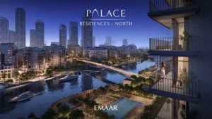 Palace Residences North at Dubai Creek Harbour by Emaar Properties waterfront balcony with marina and skyline night views in Dubai Presented by Tohid Fetrat