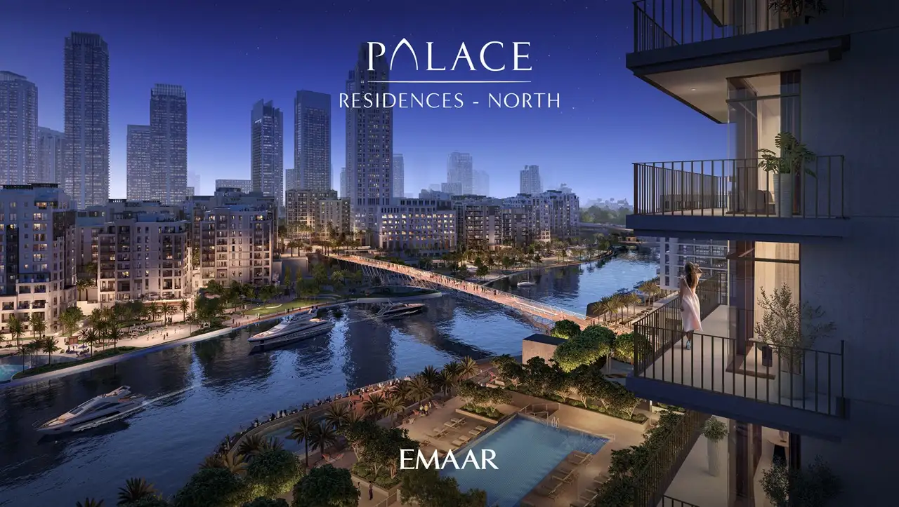 Palace Residences North at Dubai Creek Harbour by Emaar Properties waterfront balcony with marina and skyline night views in Dubai Presented by Tohid Fetrat