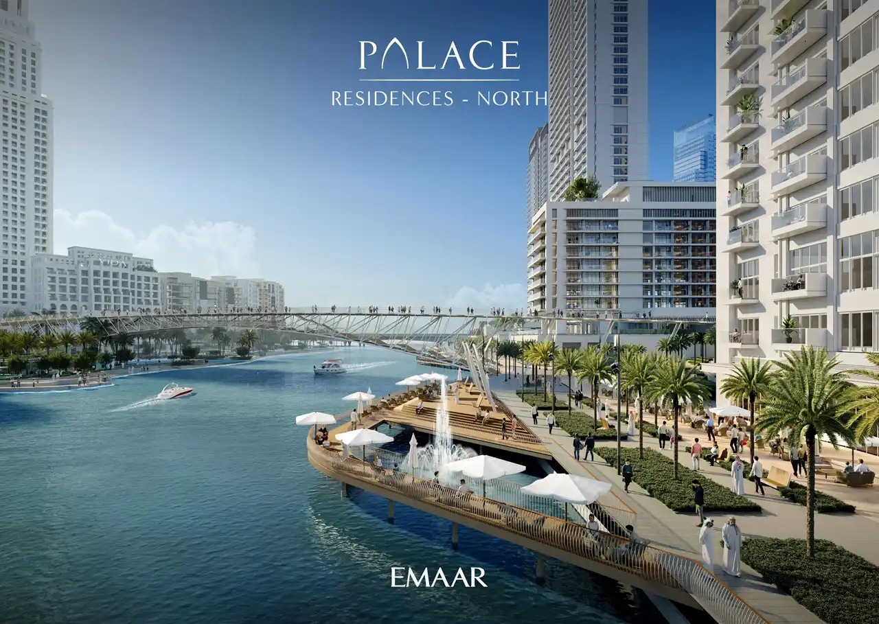 Palace Residences North at Dubai Creek Harbour by Emaar Properties waterfront promenade with marina views pedestrian bridge and landscaped public spaces in Dubai Presented by Tohid Fetrat