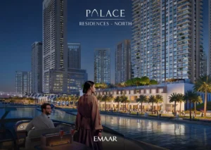 Palace Residences North at Dubai Creek Harbour by Emaar Properties waterfront residences illuminated at night overlooking the marina in Dubai Presented by Tohid Fetrat