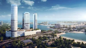 Palm Beach Tower 1 at Palm Jumeirah by Nakheel aerial view of the residential towers and waterfront surroundings in Dubai Presented by Tohid Fetrat