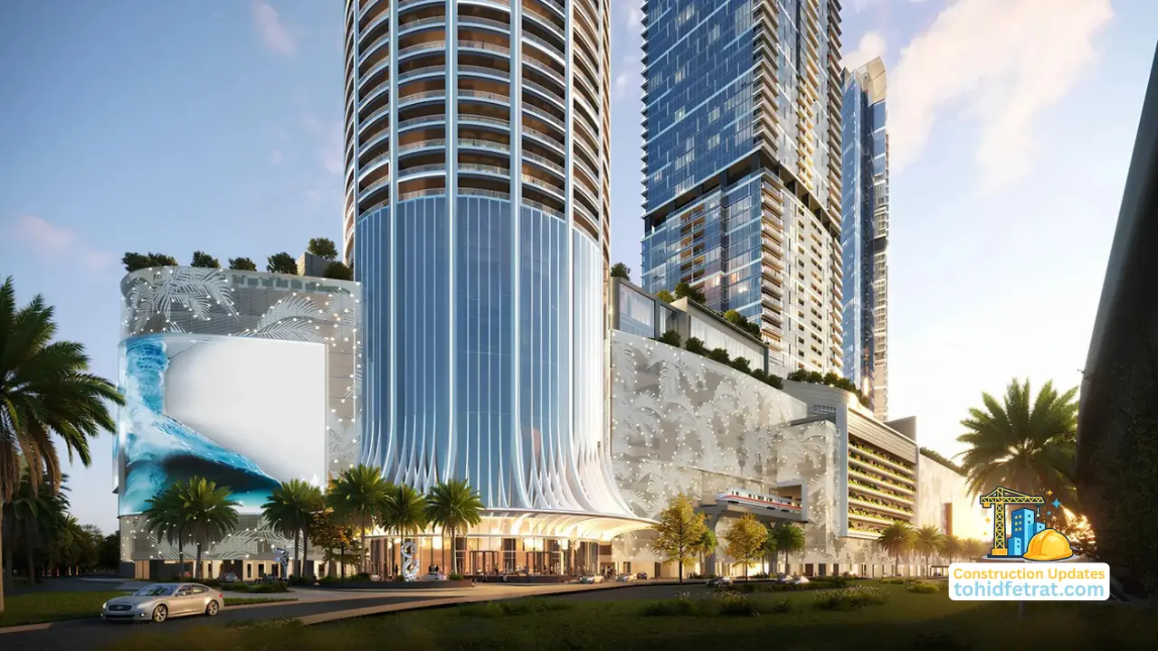 Palm Beach Tower 1 at Palm Jumeirah by Nakheel Construction Update May 2026 showing podium entrance architecture and tower development in Dubai Presented by Tohid Fetrat