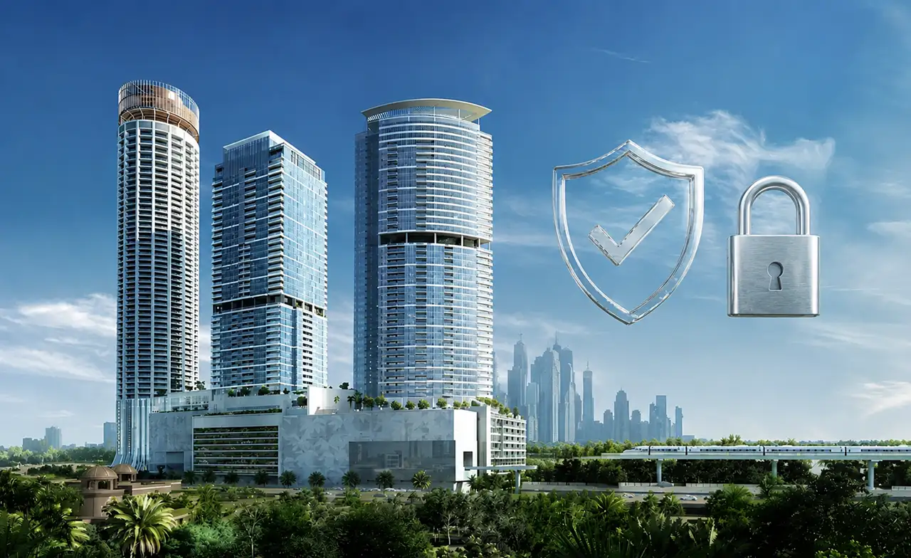 Palm Beach Tower 1 at Palm Jumeirah by Nakheel Escrow Account security illustration with tower architecture shield protection and lock symbol in Dubai Presented by Tohid Fetrat