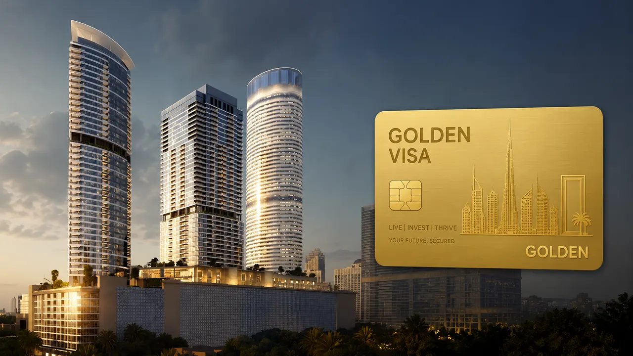 Palm Beach Tower 1 at Palm Jumeirah by Nakheel Golden Visa eligibility illustration with luxury tower architecture in Dubai Presented by Tohid Fetrat