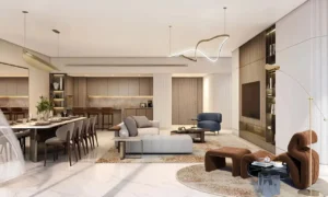 Palm Beach Tower 1 at Palm Jumeirah by Nakheel open plan living and dining interior with contemporary finishes in Dubai Presented by Tohid Fetrat