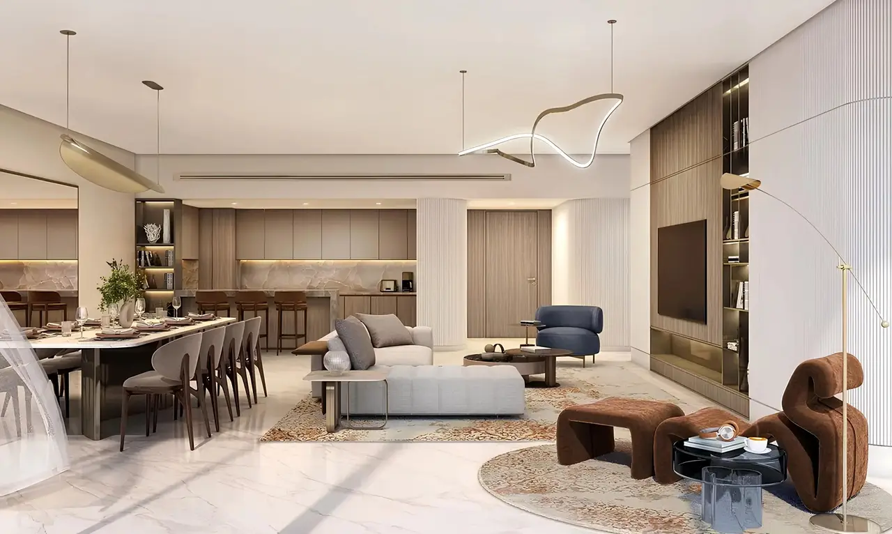 Palm Beach Tower 1 at Palm Jumeirah by Nakheel open plan living and dining interior with contemporary finishes in Dubai Presented by Tohid Fetrat