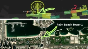 Palm Beach Tower 1 at Palm Jumeirah by Nakheel location within Palm Jumeirah showing Palm Gateway connectivity and surrounding landmarks in Dubai Presented by Tohid Fetrat