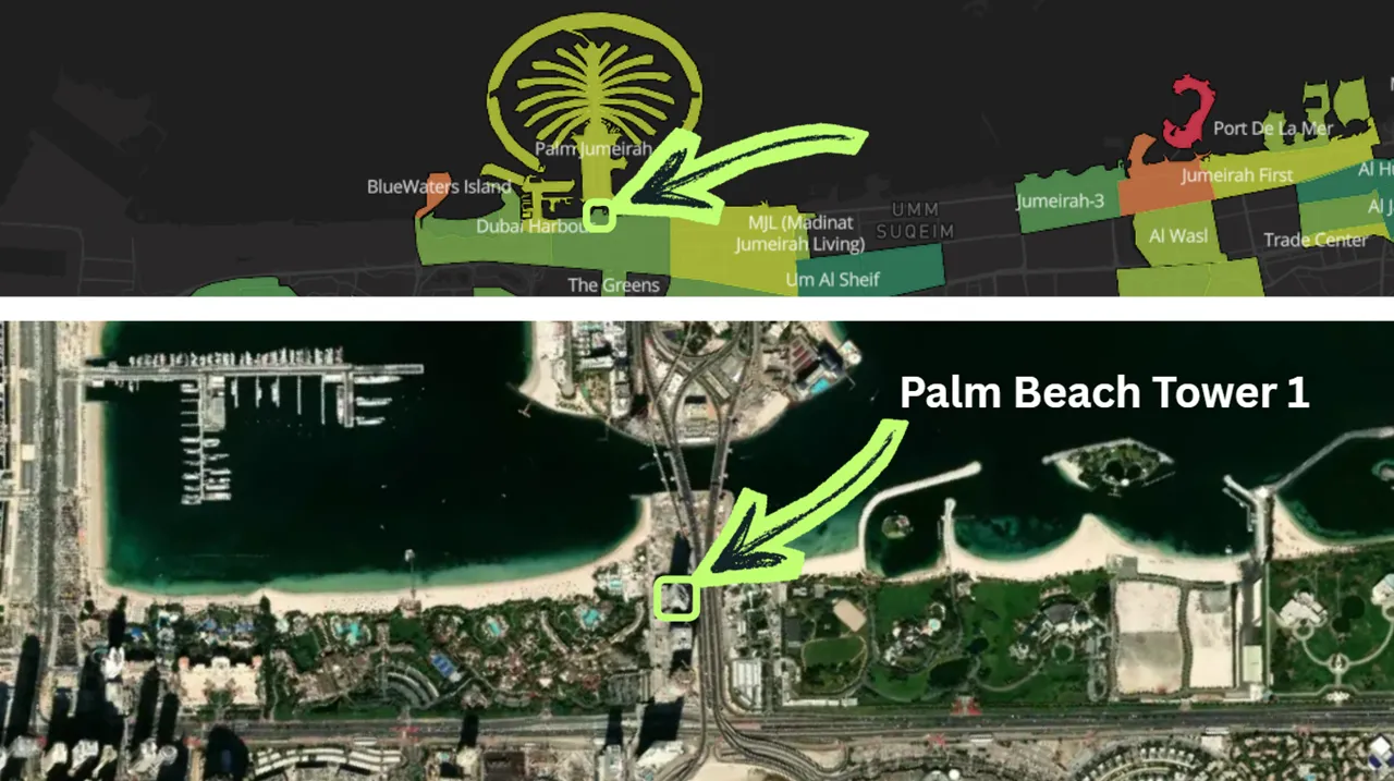 Palm Beach Tower 1 at Palm Jumeirah by Nakheel location within Palm Jumeirah showing Palm Gateway connectivity and surrounding landmarks in Dubai Presented by Tohid Fetrat