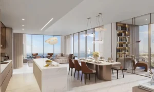 Palm Beach Tower 1 at Palm Jumeirah by Nakheel open plan living and dining interior with sea views through floor to ceiling windows in Dubai Presented by Tohid Fetrat