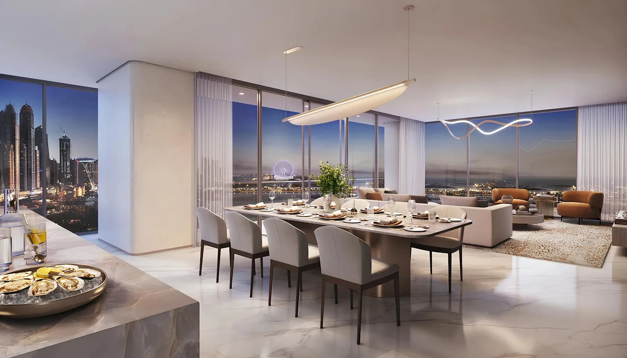 Palm Beach Tower 1 at Palm Jumeirah by Nakheel luxury dining and living area with panoramic skyline and waterfront views in Dubai Presented by Tohid Fetrat