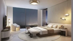 Palm Beach Tower 1 at Palm Jumeirah by Nakheel luxury bedroom interior with floor to ceiling windows and skyline views in Dubai Presented by Tohid Fetrat