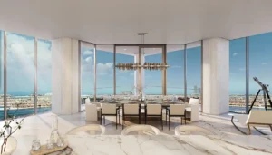 Palm Beach Tower 1 at Palm Jumeirah by Nakheel luxury dining area with panoramic waterfront views and floor to ceiling windows in Dubai Presented by Tohid Fetrat