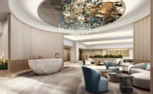 Palm Beach Tower 1 at Palm Jumeirah by Nakheel luxury lobby interior with elegant reception area and designer seating in Dubai Presented by Tohid Fetrat