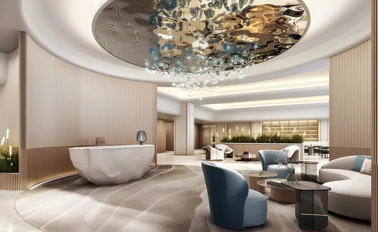 Palm Beach Tower 1 at Palm Jumeirah by Nakheel luxury lobby interior with elegant reception area and designer seating in Dubai Presented by Tohid Fetrat