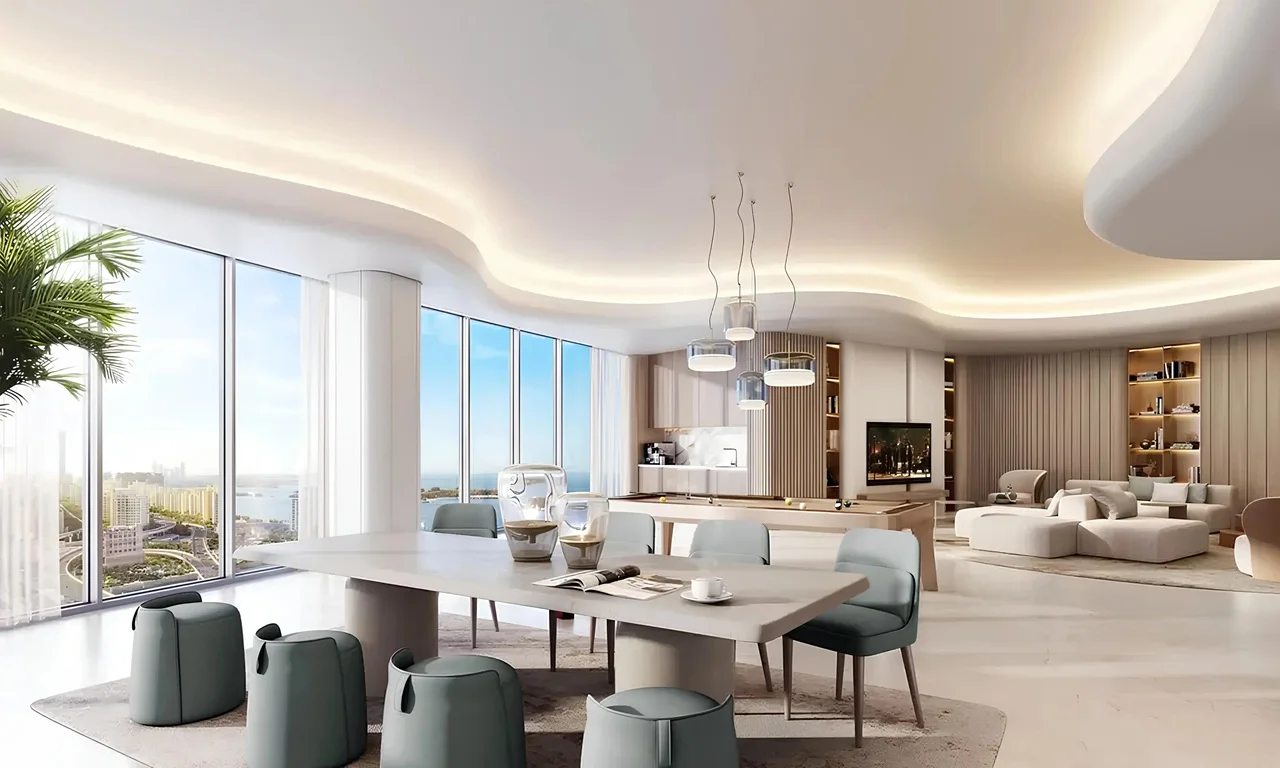 Palm Beach Tower 1 at Palm Jumeirah by Nakheel residents lounge interior with panoramic windows and contemporary living spaces in Dubai Presented by Tohid Fetrat