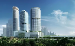 Palm Beach Tower 1 at Palm Jumeirah by Nakheel exterior tower architecture with modern skyline views and monorail connectivity in Dubai Presented by Tohid Fetrat