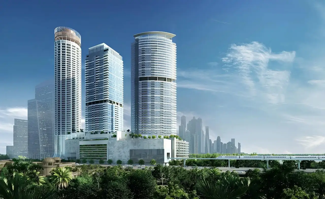 Palm Beach Tower 1 at Palm Jumeirah by Nakheel exterior tower architecture with modern skyline views and monorail connectivity in Dubai Presented by Tohid Fetrat