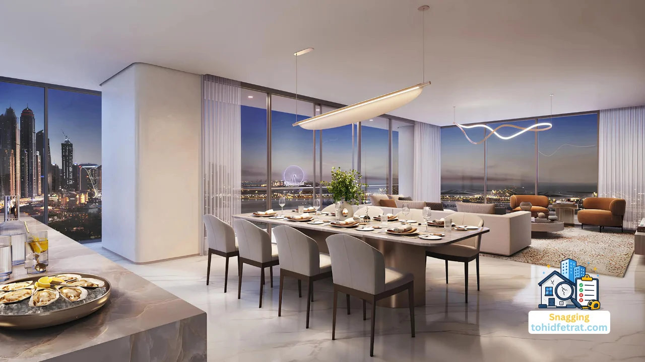 Why an Independent Inspection Protects Palm Beach Tower 1 Buyers featuring a luxury dining and living area with panoramic waterfront views in Dubai Presented by Tohid Fetrat