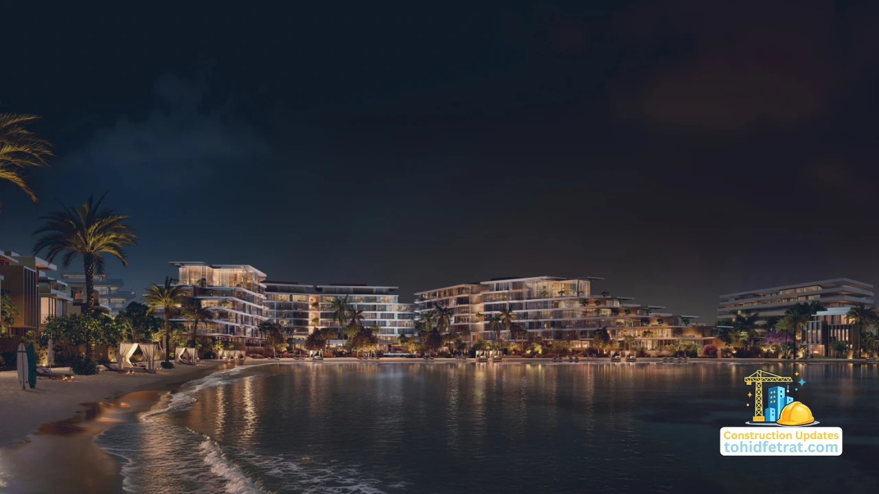 Palm Central Construction Update featuring illuminated waterfront residences and beachfront community surroundings at Palm Jebel Ali Dubai during evening hours Presented by Tohid Fetrat