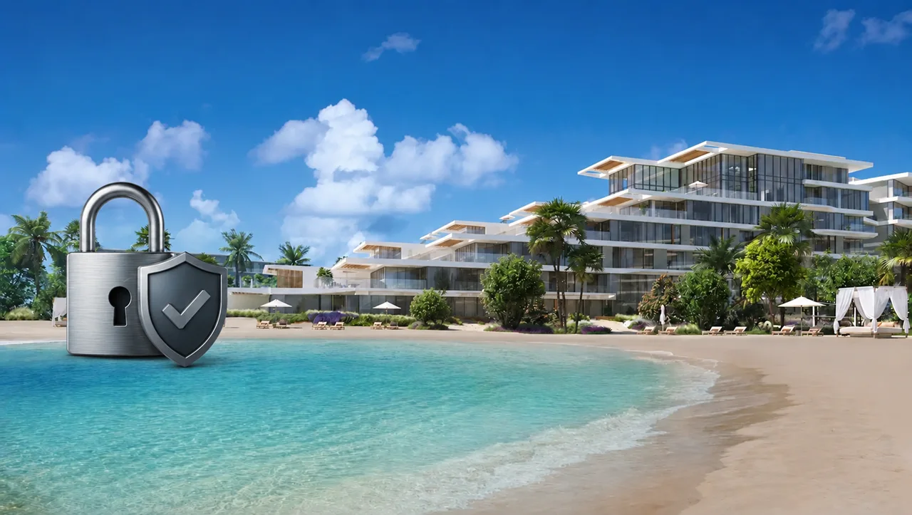 Palm Central Frond M Escrow Account featuring secure beachfront residences with escrow protection and transaction security symbols at Palm Jebel Ali Dubai Presented by Tohid Fetrat