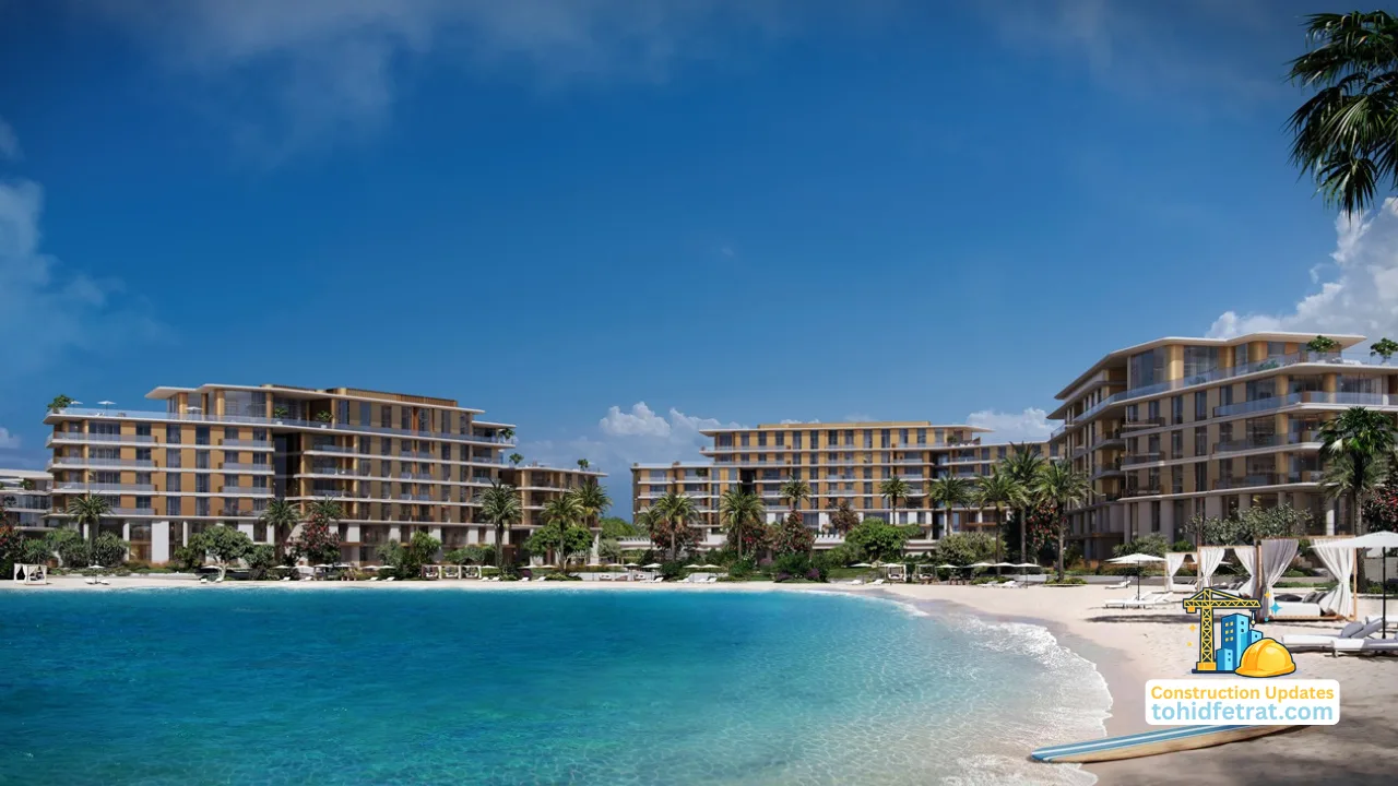 Palm Central Frond N Residences Construction Update showcasing beachfront residences and waterfront community surroundings at Palm Jebel Ali Dubai Presented by Tohid Fetrat
