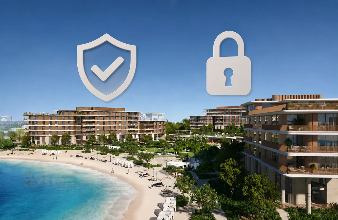 Palm Central Frond N Residences escrow account illustration featuring secure beachfront residences with protection and transaction security symbols at Palm Jebel Ali Dubai Presented by Tohid Fetrat