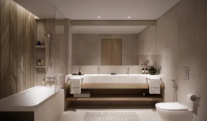 Palm Central Frond N Residences at Palm Jebel Ali by Nakheel luxury bathroom with double vanity, freestanding bathtub, natural textures and contemporary finishes in Dubai - Presented by Tohid Fetrat