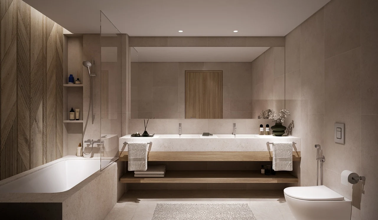 Palm Central Frond N Residences at Palm Jebel Ali by Nakheel luxury bathroom with double vanity, freestanding bathtub, natural textures and contemporary finishes in Dubai - Presented by Tohid Fetrat