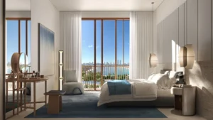 Palm Central Frond N Residences at Palm Jebel Ali by Nakheel 3 bedroom apartment bedroom with floor to ceiling windows, waterfront views and contemporary interior design in Dubai - Presented by Tohid Fetrat
