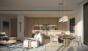 Palm Central Frond N Residences at Palm Jebel Ali by Nakheel 3 bedroom apartment living and dining area with open kitchen, contemporary furnishings and elegant interior finishes in Dubai - Presented by Tohid Fetrat