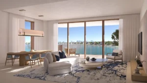 Palm Central Frond N Residences at Palm Jebel Ali by Nakheel 3 bedroom apartment living room with open plan dining area, floor to ceiling windows and lagoon views in Dubai - Presented by Tohid Fetrat