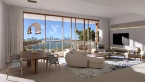 Palm Central Frond N Residences at Palm Jebel Ali by Nakheel 3 bedroom apartment living room and dining area with waterfront views and private balcony in Dubai - Presented by Tohid Fetrat