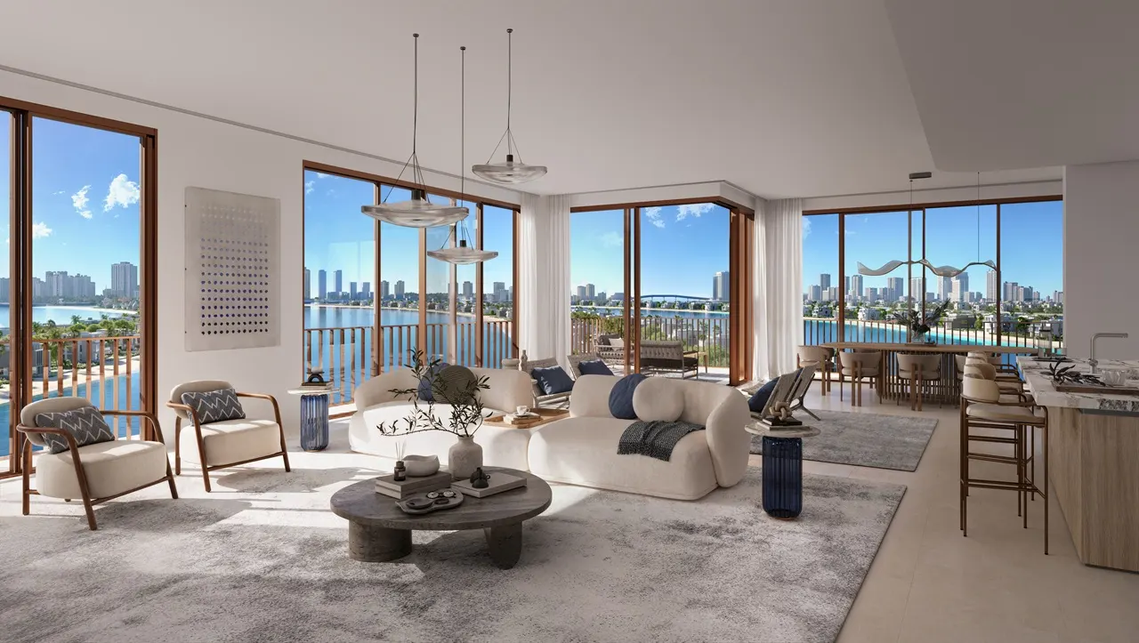 Palm Central Frond N Residences at Palm Jebel Ali by Nakheel 3 bedroom apartment living room with panoramic waterfront views, floor to ceiling windows and open plan interior design in Dubai - Presented by Tohid Fetrat