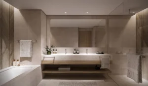 Palm Central Frond N Residences at Palm Jebel Ali by Nakheel 4 bedroom apartment master bathroom with double vanity, walk in shower and luxury finishes in Dubai - Presented by Tohid Fetrat