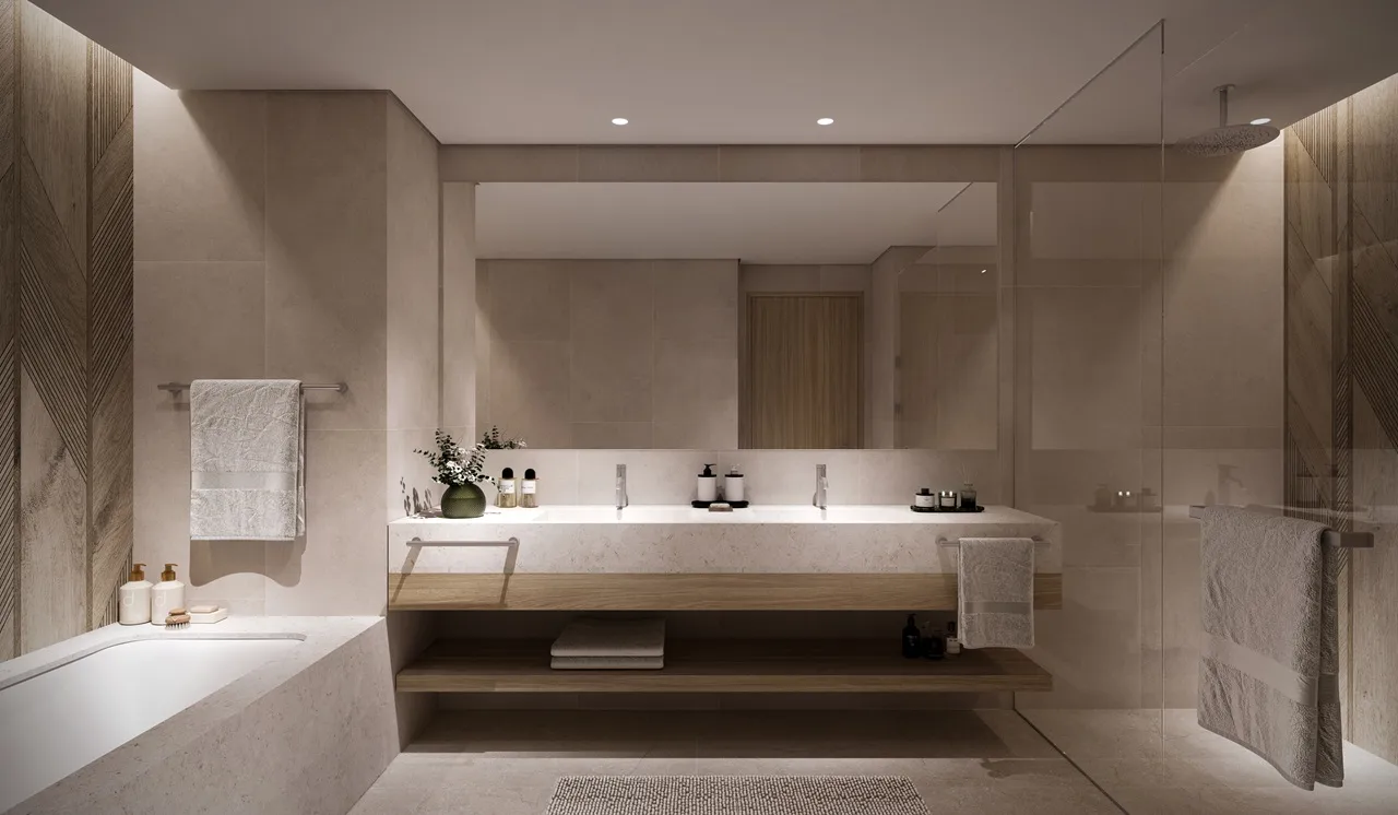 Palm Central Frond N Residences at Palm Jebel Ali by Nakheel 4 bedroom apartment master bathroom with double vanity, walk in shower and luxury finishes in Dubai - Presented by Tohid Fetrat