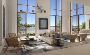 Palm Central Frond N Residences at Palm Jebel Ali by Nakheel 5 bedroom residence double height living room with floor to ceiling windows and waterfront views in Dubai - Presented by Tohid Fetrat