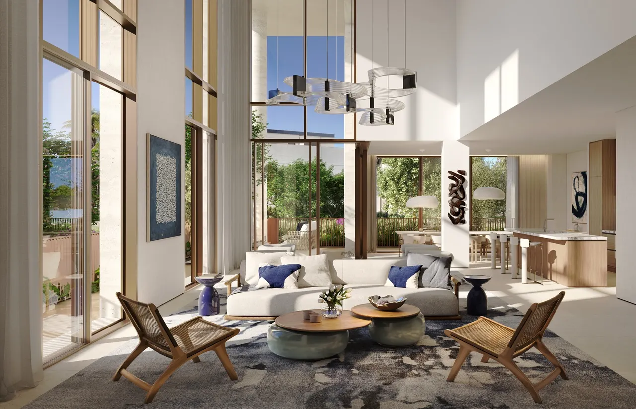 Palm Central Frond N Residences at Palm Jebel Ali by Nakheel 5 bedroom residence double height living space with floor to ceiling windows and open plan kitchen in Dubai - Presented by Tohid Fetrat