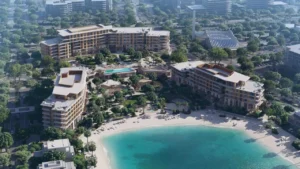 Palm Central Frond N Residences at Palm Jebel Ali by Nakheel aerial view of beachfront residences, landscaped gardens, resort style amenities and private lagoon shoreline in Dubai - Presented by Tohid Fetrat