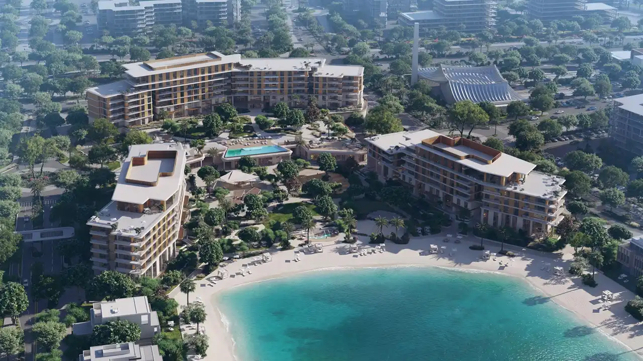 Palm Central Frond N Residences at Palm Jebel Ali by Nakheel aerial view of beachfront residences, landscaped gardens, resort style amenities and private lagoon shoreline in Dubai - Presented by Tohid Fetrat