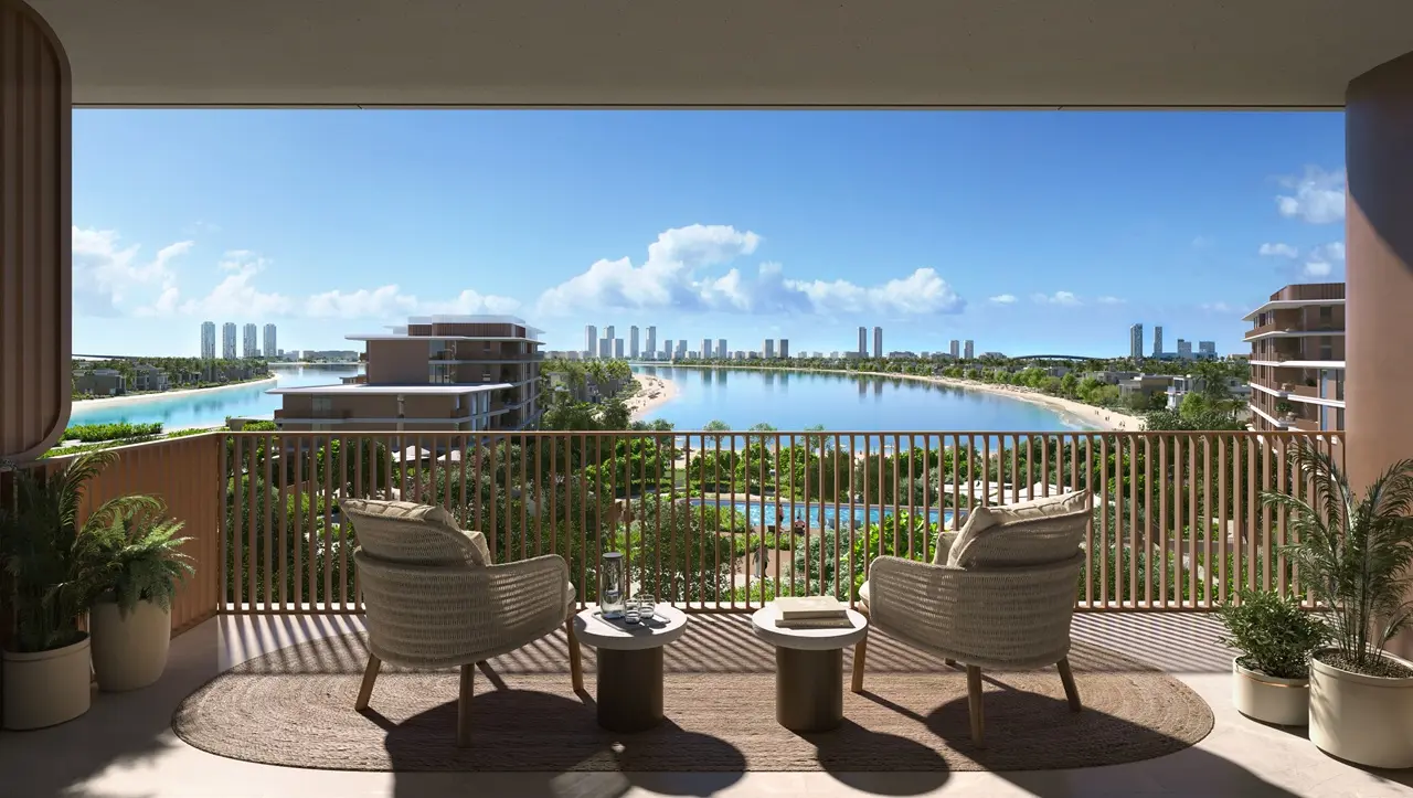 Palm Central Frond N Residences at Palm Jebel Ali by Nakheel private balcony with panoramic lagoon views, landscaped surroundings and waterfront skyline outlook in Dubai - Presented by Tohid Fetrat