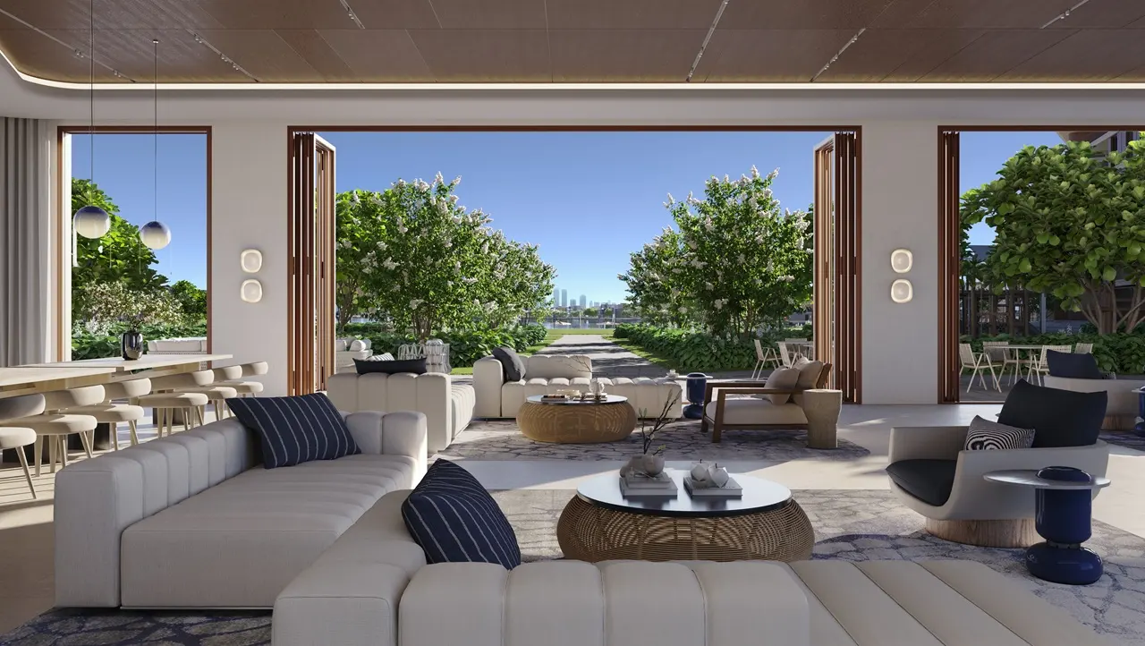 Palm Central Frond N Residences at Palm Jebel Ali by Nakheel clubhouse lounge with open plan seating, garden views and seamless indoor outdoor living spaces in Dubai - Presented by Tohid Fetrat