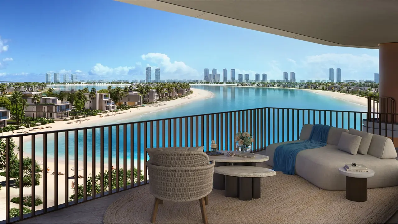 Palm Central Frond N Residences at Palm Jebel Ali by Nakheel corner balcony with panoramic lagoon views, beachfront surroundings and luxury outdoor living space in Dubai - Presented by Tohid Fetrat