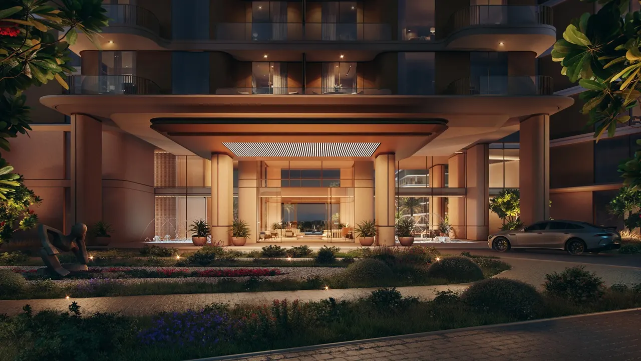 Palm Central Frond N Residences at Palm Jebel Ali by Nakheel grand entrance with illuminated lobby, landscaped arrival area and contemporary residential architecture in Dubai - Presented by Tohid Fetrat