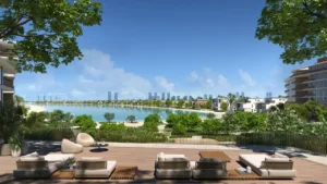 Palm Central Frond N Residences at Palm Jebel Ali by Nakheel lagoonfront terrace with outdoor lounge seating, landscaped surroundings and panoramic waterfront views in Dubai - Presented by Tohid Fetrat