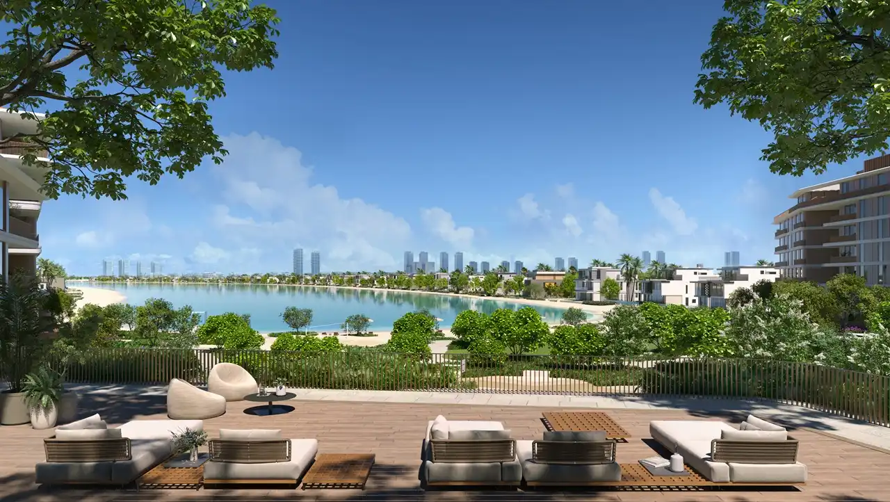 Palm Central Frond N Residences at Palm Jebel Ali by Nakheel lagoonfront terrace with outdoor lounge seating, landscaped surroundings and panoramic waterfront views in Dubai - Presented by Tohid Fetrat