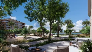 Palm Central Frond N Residences at Palm Jebel Ali by Nakheel landscaped community garden with outdoor seating areas, mature trees and waterfront surroundings in Dubai - Presented by Tohid Fetrat