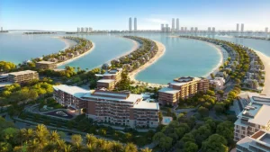Palm Central Frond N Residences at Palm Jebel Ali by Nakheel panoramic waterfront view with beachfront residences, turquoise lagoons and palm shaped island landscape in Dubai - Presented by Tohid Fetrat