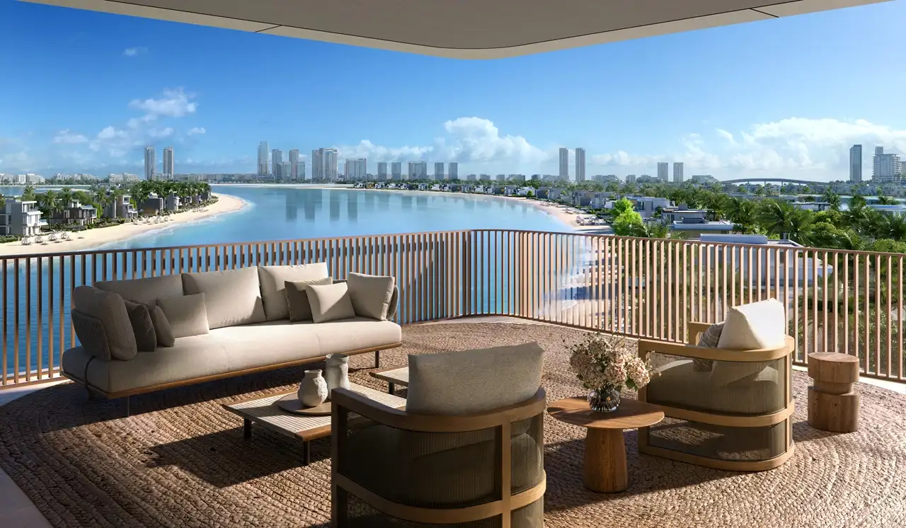 Palm Central Frond N Residences at Palm Jebel Ali by Nakheel waterfront terrace with panoramic lagoon views, luxury outdoor seating and coastal skyline outlook in Dubai - Presented by Tohid Fetrat